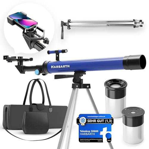 HARBARTH Teleskop Linsenteleskop + Okulare - Ideal für Erwachsene & Junge Astronomen - Fernrohr, Telescope Astronomy, Spiegelteleskop Kinder | Sterne, Planeten & Kosmos beobachten (HT_50/600)