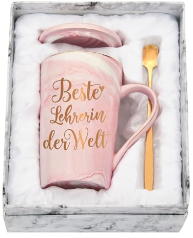 Diztoud Lärare Gåva - Julklappar, Bästa Lärare i Världen Kaffekopp, 400 ml Keramisk Marmormugg Med Lock, Sked Och Presentask, Rosa