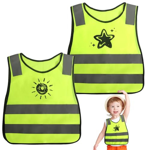 KUHAWL 2 Stück Kinder Sicherheitswesten, Warnweste Kinder (3-12 Jahre), Atmungsaktive Warnweste Reflektierende Sicherheitsweste Gelbe Warnwesten für Den Schulweg Radfahren Straßenverkehr