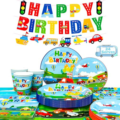 Serves 24 Transportation Birthday Party Supplies Tableware Set Including Car Train Plane Birthday Banner Tablecloth Plates Cups Napkins etc Transportation Theme Party Supplies