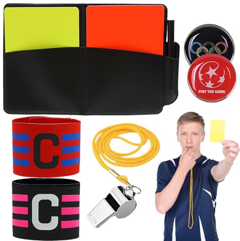 Knocery Kit Arbitro Futbol, Juego Tarjetas Arbitro Futbol con Papel de PVC Amarillo-Rojo, Cordón de Silbato, Cordón Corto, 2 Brazaletes de Capitán C, para el Deporte Escolar Juego de Fútbol