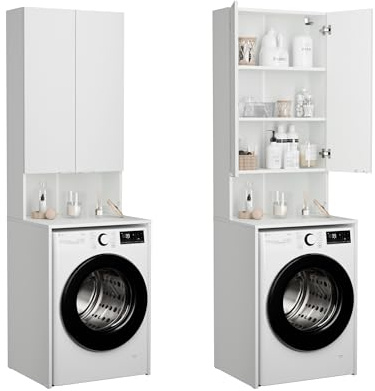 PLATAN ROOM Waschmaschinenschrank Badezimmer Hochschrank Überbauschrank für Waschmaschine und Wäschetrockner 210 x 66 x 56/25 cm weiß (Weiß Matt, 56 cm tief)