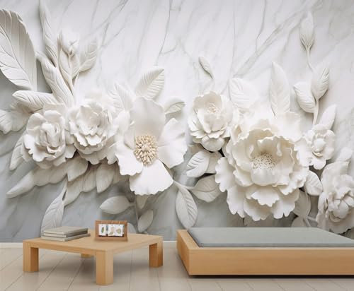 YEMYOR Flower Mural Wallpaper White Relief Flower Wall Paintings 3D Flowers Murals Retro White Flowers Wall Stickers for Living Room Bedroom-100x70cm