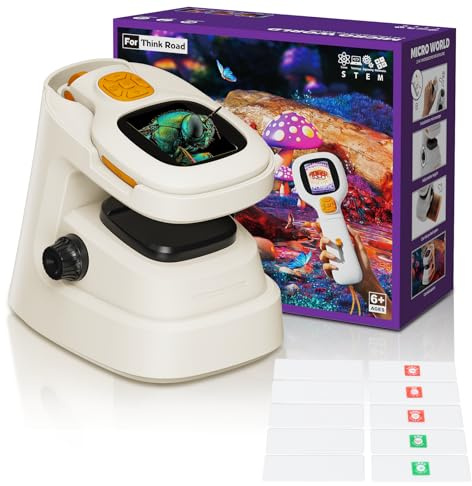 HUTACT Set de Microscope Portable pour Enfants: Microscope numérique de poche 1000X avec écran IPS 2.0, jouet d'expérimentation scientifique 2 en 1 avec 10 lames - Cadeau d'anniversaire pour les 5-12