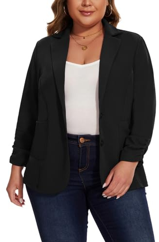 Kyzoeyou Womens Plus Size Blazer Suit Elegant 3/4 Ruched Sleeve Jackets Blazers Slim Fit Business Casual Jacket with Buttons Pockets(Black 4X-Large)