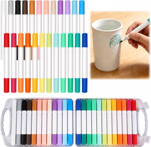 24 Colores Marcadores para Cerámica y Porcelana con Doble Punta, Marcadores Acrílicos para Pintar, Resistentes al Agua Rotuladores Acrilicos, para Tazas, Vidrio, Piedras, Madera, Cerámica, Metal