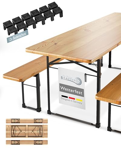 Beautissu 3tlg Bierzeltgarnitur 220x70 cm Holz - 1x Biertischgarnitur & 2X Bierbank Biertisch Bierzeltgarnitur klappbar - Bierbankgarnitur Biergartengarnitur Festzeltgarnitur Campingtisch Outdoor