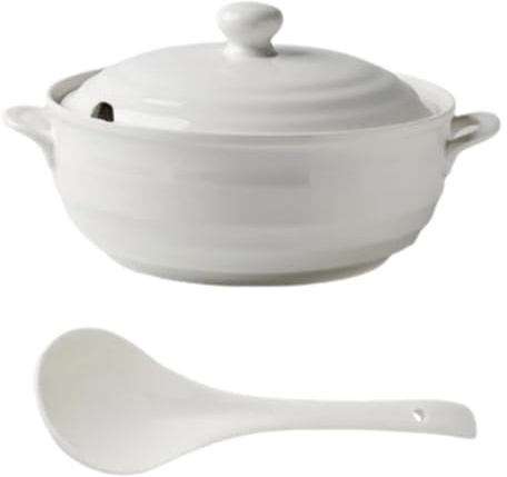 Zuppiera in ceramica con coperchio e mestolo, durevole e adatta al microonde, ideale per ristoranti, feste a casa e uso in cucina