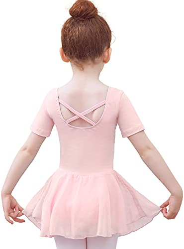 Tancefair Kinder Ballettkleidung Mädchen Ballettkleid Kurzarm Langarm Balletttrikot Baumwolle Ballettanzug Tanzkleid Tanzbody mit Chiffon Rock Tütü