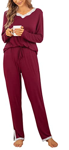 Lovasy Pijamas Mujer Invierno 2 Piezas Pijamas Mujer Largo con Encaje Cuello en V Conjunto de Pijama con Bolsillos,Rojo Vino,L