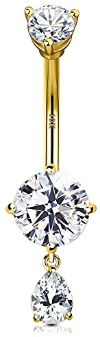 CM Crareesi Mania 10K Solid Gold Belly Button Ring Dangle 10K Yellow Gold Belly Rings Teardrop CZ Navel Piercing Jewelry