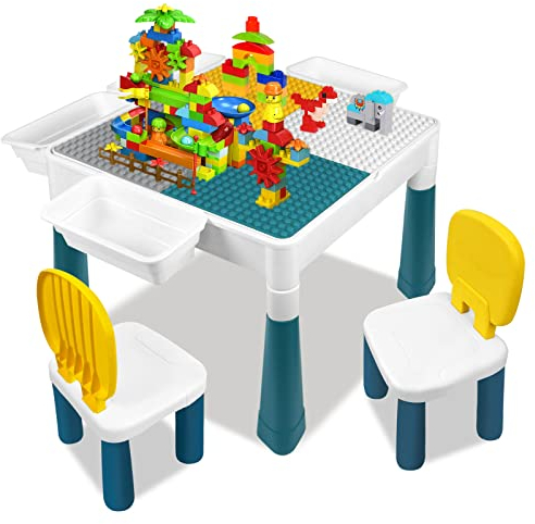 UISEBRT Kindertisch mit 2 Stühle Spieltisch mit 163 Stück Bausteine Multifunktionaler Aktivitätstisch Set für Kinder Baustein Tisch Stuhl Set Basteltisch für Kinderzimmer und Kindergarten