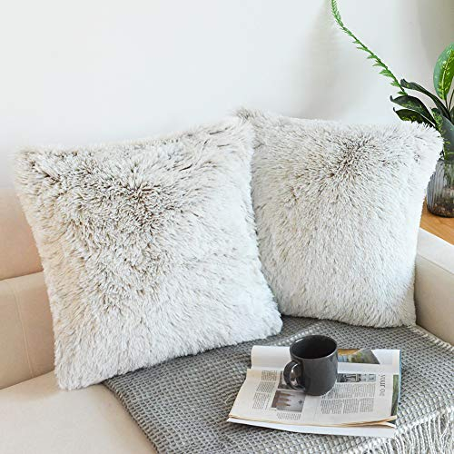 NordECO HOME 2er Set kissenbezüge 40x40 cm Kissen Braun Ombre Künstlich Pelz Fellkissen Dekorative Deko Kissen Kuschelkissen Flauschig Sofakissen Weich Plüschkissen für Sofa