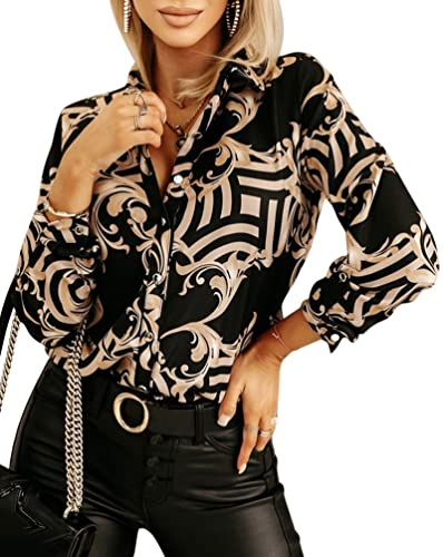 Minetom Chemisier Femme Elégant Col en V Manches Longues Imprimé Blouse avec Boutons Chemise Travail Bureau Tunique Shirt Haut Top A Kaki XL