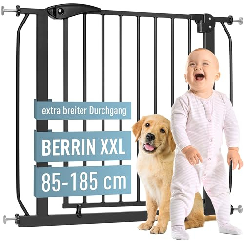 ib style Barrière de Sécurité Berrin XXL 85-185 - Passage Extra-Large, Installation Facile sans Perçage, Barrière d’Escalier, pour Enfants 6 a 24 Mois, 130-140 cm, Noir