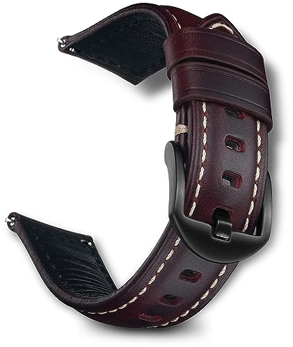 RoYiio Bracelet pour Largeur de 22mm, Bracelet de Rechange en Cuir Ciré à l'huile Compatible avec Amazfit/Xiaomi/Huawei/Samsung/Garmin Series - Vin Rouge