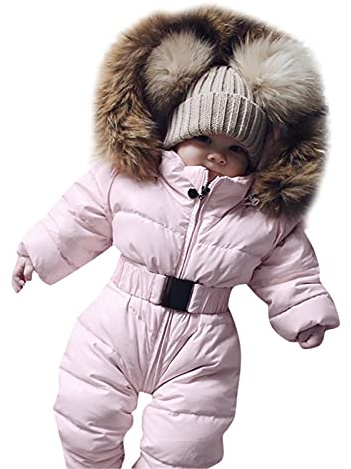 Combinaison de Neige pour Enfants Hiver Bébé Fille Garçon Rembourré à Capuche Fourrure Manteau Couleur Unie avec Ceinture Combinaison De Ski Survêtement Veste Chaud Elegant