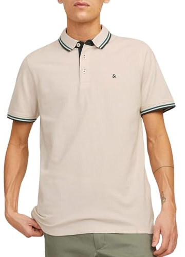 JACK & JONES Herren Slim Fit Polo Shirt JJEPAULOS Uni Sommer Hemd Kragen Kurz Arm Basic Pique Cotton, Beige - Blau, S