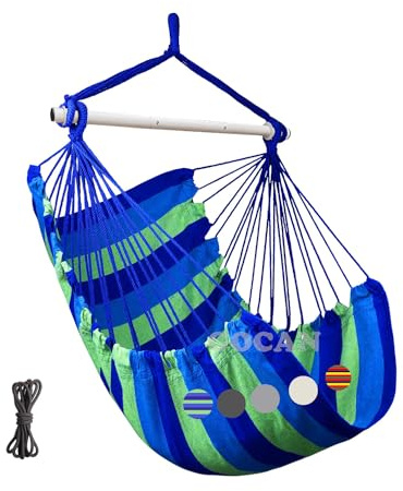 Hängstol och stor hängmatta, 110 x 150 cm, 150 kg belastning, bomullsmaterial, metall, bred sittstång, gungstol (blå)