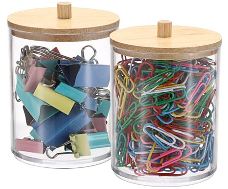 BTSKY 2 Pack Clear Paper Clip Holder with Bamboo Lid Plastic Paperclip Box | Useful Office Supply Accessory Organizer Round Small Storage Holder Cute Qtip Holder for Office Bathroom Vanity