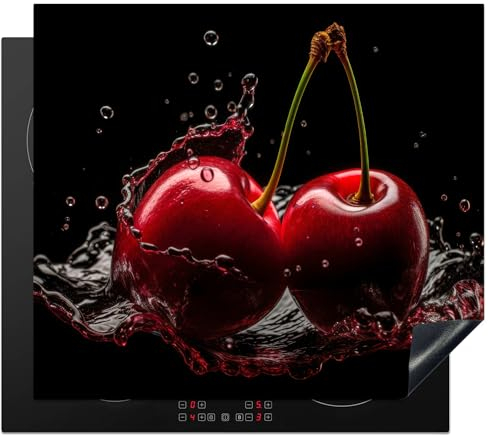 KitchenYeah© Cubre Vitrocerámica - Protector Vitroceramica Induccion 59x52 cm - Tapa Vitroceramica - Protector de Vitroceramica Cerezas - Rojas - Fruta - Agua - Negro