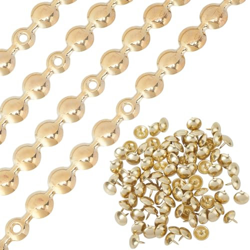 GORGECRAFT 5Pcs*1M Bandes de Punaises de Tapissier 10.5mm Tête Ronde en Fer Métallique Garnitures de Tête de Clou Décoratives Brillantes avec 90 Clous de Tapisserie D'Ameublement Punaises Doré