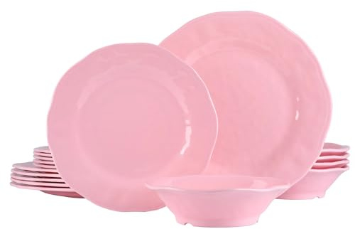 ZAROCRUS 18 Piece Pink Dinnerware Set, Lightweight Kitchen Dining Plates and Bowls Set, Durable Melamine Dishes, Set of 6, Unbreakable RV Camping Dishes, Dishwasher Safe