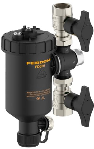 FERDOM FD372 MAXIM 1 (DN25) Filtre Magnétique/Hydrocyclone 11000Gs Pour Systèmes De Chauffage. Séparateur De Particules Non-Magnétiques -Inox 1000µm. Max.50kW. 3 Connexions/360° + 2 Vannes à Bille 1