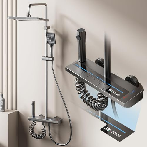 CALISTOUK Columna Ducha con Grifo, 4 Funciones Material de Aluminio de Aviación Columna Ducha con ABS Rociador superior 30 * 20cm, Altura Regulable 72-113cm