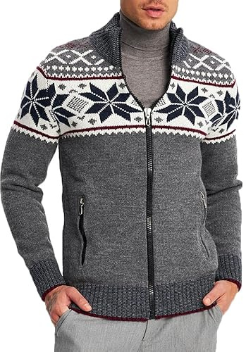 Leif Nelson Cardigan en tricot zippé pour homme - Style norvégien - Veste d'hiver avec col montant - Chaud et confortable, idéal pour l'automne et l'hiver, anthracite, S