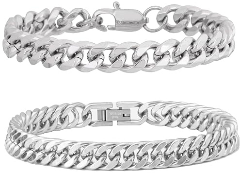 Sahoottie 2 Pcs Silver Bracelet for Men Stainless Steel Mens Bracelets Cuban Link Chain Bracelet Set 7.5 Inches