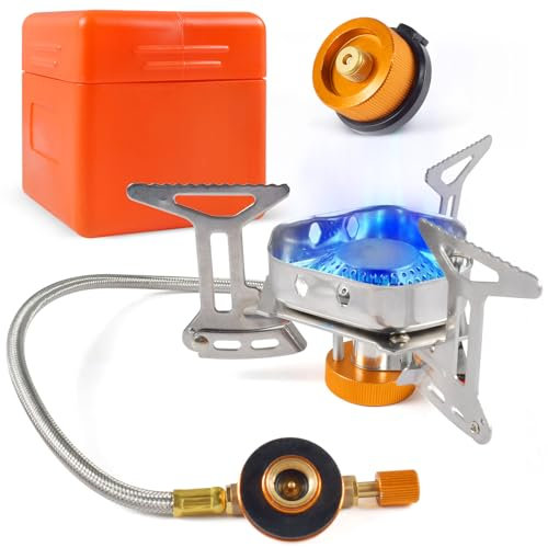 AUEJACKY Hornillo de camping de 3500 W, a prueba de viento, de gas con encendido piezoeléctrico, pequeño plegable, hornillo de gas con adaptador, para camping, pícnic, camping, trekking, senderismo