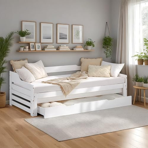 Homestyle4u Kinderbett Einzelbett Holzbett Tagesbett 90x200 ausziehbar Weiß mit Schublade Lattenrost Ausziehbett Kiefer massiv Holz