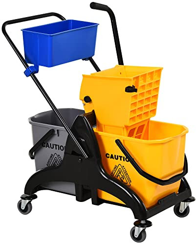 HOMCOM - Carro de limpieza, carrito de limpieza, profesional, escurridor lateral, cubo de 26 L + cesta de almacenamiento, 78 x 45 x 95 cm, color amarillo