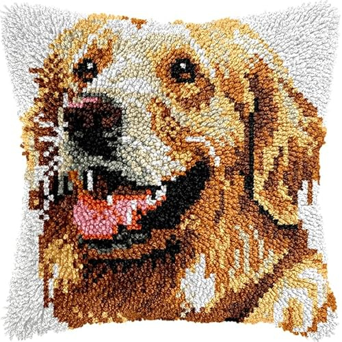 YarnAdventures Animal Perro kit de cojín con punto anudado,Golden Retriever,kits de gancho de pestillo,bricolaje ganchillo,de fabricación de cojines,patrón impreso,43x43cm