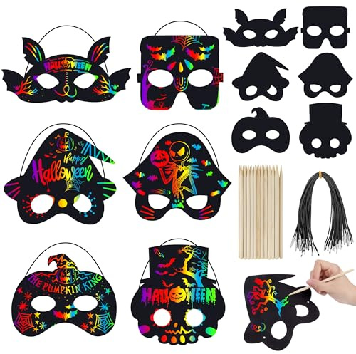 Songella 24 Pezzi Maschere da grattare per Halloween con 6 Disegni Halloween Scratch Art per Bambini Fai da Te Carta da Graffio Magica Arcobaleno per Decorazioni Vestiti Feste Forniture