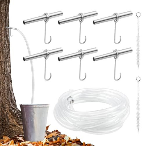 Maple Syrup Tapping Kit, Stainless Steel Maple Tree Taps Kit, w/6 Spiles and Hooks, 6M Food Grade Tubing, 2pcs Spile Cleaning Brushes, Maples Tree Taps Spiles for Tapping Trees(COLOR:silver)