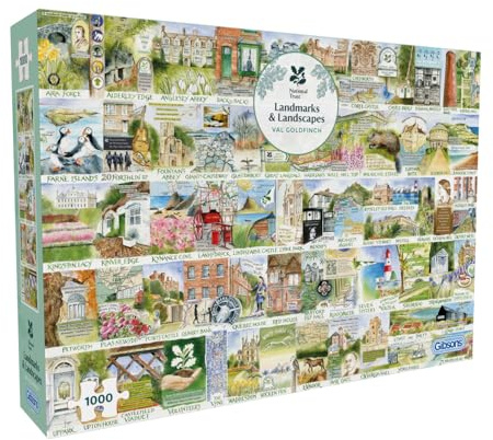Gibsons National Trust Landmarks & Landscapes 1000 Piece Jigsaw Puzzle for Adults – Mix of British Landscapes, Landmarks & Nature Artwork by Val Goldfinch – Sustainably Made in the UK/EU – Great Gift