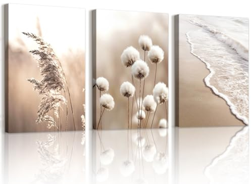 WENGTIAO 3 Pezzi Natura Spiaggia Quadro su Tela Incorniciato, Stampa su Tela Canne Onde del Mare Botaniche Quadri Moderni Soggiorno Camera da Letto Decorazioni Parete 30x40cmx3