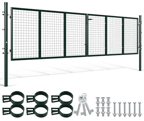 Portail de jardin en métal - Double battant - 350 x 100 cm - Tube rond - Pour terrain / cour de garage - Pour clôture à double fil (vert)
