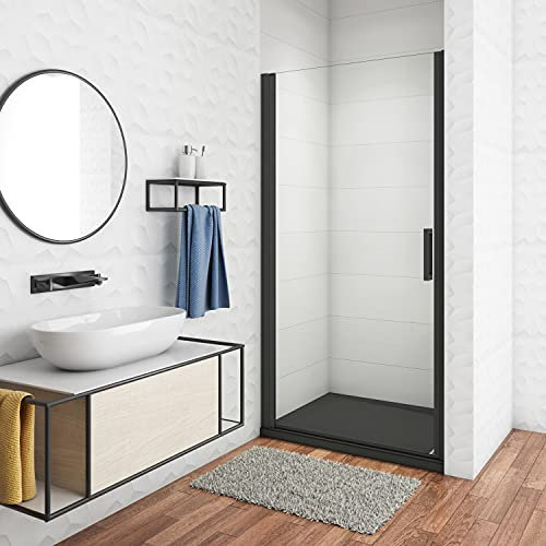 Porta doccia battente per nicchia vetro trasparente anticalcare 8mm telai nero opaco doccia a filo pavimento 80x200cm