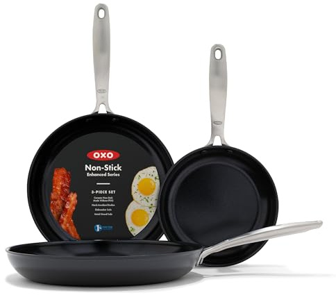 OXO Enhanced, 8 10 and 12 3 Piece Frying Pan Skillet Set, Healthy Ceramic Nonstick, PFAS-Free, Stainless Steel Handle, Dishwasher Safe, Oven Safe, Black