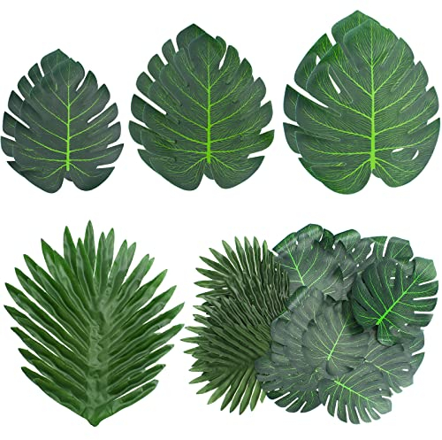 Bubuyun 48 Piezas Hojas de Palma Tropicales Artificiales, Hojas de Monstera Artificiales, Falso Hojas para Selva Hawaiana,4 Tipos Hojas de Montera Verdes para Decoración del Hogar, Interior y Exterior