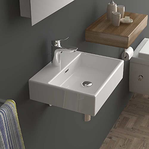 Alpenberger Handwaschbecken 43 cm für Bad & Gäste-WC | Design Waschbecken Eckig | Wandmontage oder Aufsatzwaschtisch | Eckiges Keramikwaschbecken | Lavabo Becken Weiß - Aufsatzwaschbecken
