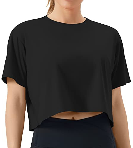 THE GYM PEOPLE Women's Workout Crop T-Shirt Short Sleeve Basic Cropped Tops | Boxy Crop, Loose Fit, Crew Neck, Quick Dry, Moisture-wicking, Lightweigh, Breathable, Stretchy, for Gym Sport Casual
