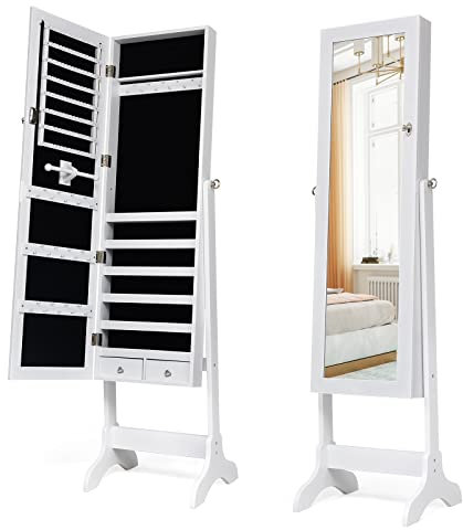 Multigot Freestanding Jewelry Cabinet, Lockable Cosmetic Storage Organizer with Full-Length Mirror & 4 Adjustable Angles, Mirrored Jewellery Armoire for Dressing Room Bedroom (White)