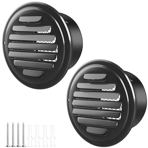 Piiyoosnn - 2 rejillas de ventilación redondas de acero inoxidable 304, pintura negra, cubierta de rejilla de ventilación plana, entrada de pared con malla de mosquitera integrada para ventilación