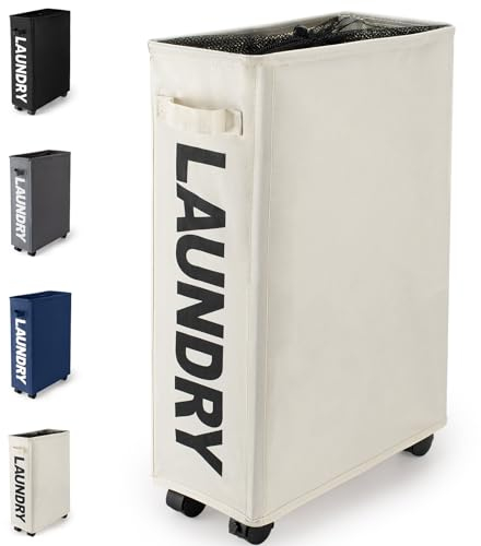 Virklyee Cestos para la Colada con Ruedas 43L Cesta de Ropa Sucia Plegable Multifunción Cesta de Ropa Sucia de Tela Oxford Colector de Lavandería con Manija para Salas de Estar, Dormitorios(Beige)