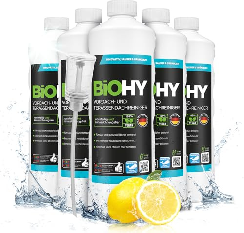 BiOHY Terrasstak- och förtakrengöring (6 x 1l flaska) + doser | Bio-koncentrat för glastak, plasttak, vinterträdgårdar Bio-koncentrat för glastak, plasttak (Vordach und Terrassendachreiniger)