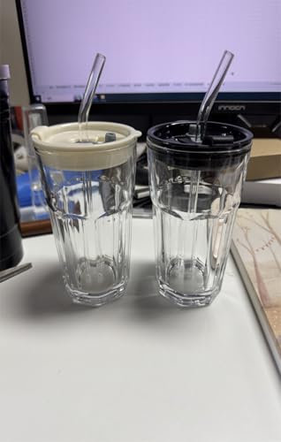 ecooe Juego de 2 Vasos de Vidrio con Tapa y Pajilla 380ml, Tazas de Café Vasos para Llevar Smoothies Café Helado, Diseño Hermético e Impermeable, Ideales para Matcha Latte, Jugos, Leche, Té, Cócteles